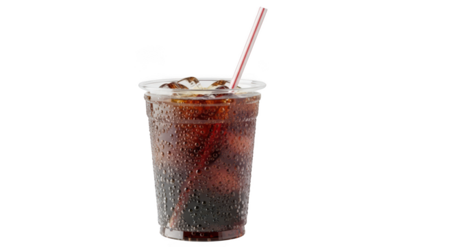 Photo of a cold cola drink with ice and a red straw, isolated on transparent background