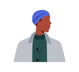 African black man profile. Modern style male in hat, headwear, side view, looking aside, head turned. Character with neutral face expression. Flat vector illustration isolated on white background