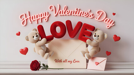 Romantic Valentine’s Day Background – Teddy Bears, Roses, Love Hearts, Envelope & ‘Love’ Text – Perfect for Cards, Social Media, and Gifts (HD)