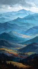 Fototapeta premium Majestic mountain landscape with layered ridges in autumn colors and misty sky.