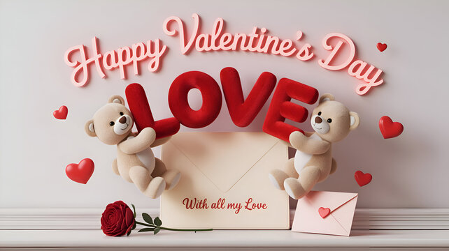 Romantic Valentine’s Day Background – Teddy Bears, Roses, Love Hearts, Envelope & ‘Love’ Text – Perfect for Cards, Social Media, and Gifts (HD) - Powered by Adobe