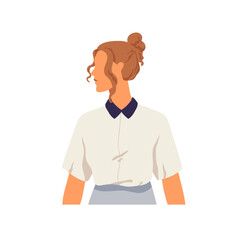 Fototapeta premium Female profile. Young business woman face looking aside, head turned. Office worker, faceless employee in blouse, hairstyle, emotionless. Flat vector illustration isolated on white background