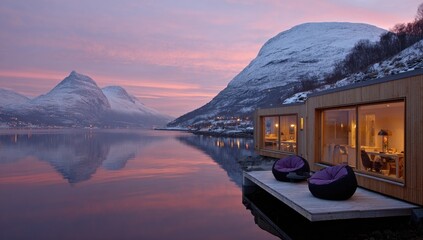 Naklejka premium Cozy waterfront cabin at dawn, snow-capped peaks