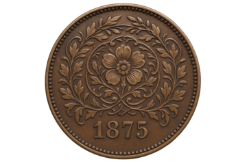 Antique Bronze Coin Featuring Intricate Floral Engraving and the Year 1875 in Detailed Relief
