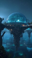Fototapeta premium Futuristic dome city floating on water under a starry sky