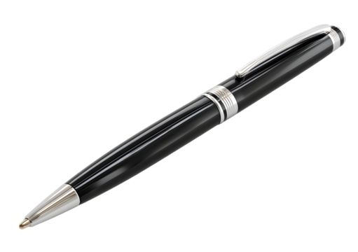 A sleek black metal pen with silver accents isolated on a transparent background