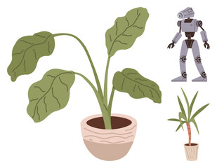 Green potted plants paired with a humanoid robot explore harmony between nature and technology. Ideal for innovation, sustainability, science fiction, eco-futurism, AI, robotics, environmental