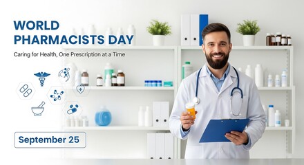 Smiling male pharmacist in white coat holding medication bottle and clipboard on world pharmacists day