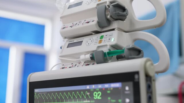 Close-up of an infusion pump in the operating room. Concept of precision and control in the medical procedure.