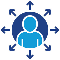 Skill Expansion Glyph Blue Silhouette Icon Design Vector - Person surrounded by outward arrows, symbolizing personal growth, skill development, and capability increase