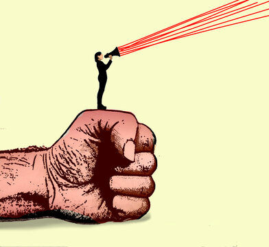 Person using megaphone to project red lines from fist