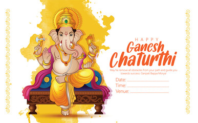 Ganesh Chaturthi festival celebration artwork featuring Lord Ganesha seated on a throne. Decorative garlands, Diya lamp, and vibrant hues enhance the festive mood. 