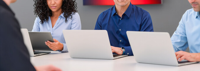 Collaborative Team Meeting - Modern Business Environment, A focused scene depicting a diverse team engaged in a collaborative meeting around a table. Multiple laptops and a tablet are actively in use.