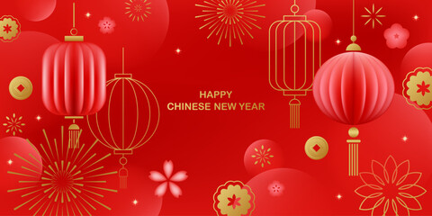 Chinese New Year vector cards.  Lunar new year concept. Geometric modern design with abstract forms, gradients, flower, lantrerns, fireworks. Design for calendar, cover, flyer.