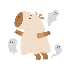 Funny capybara in ghost sheet costume
