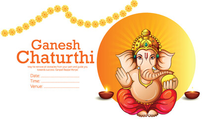 Fototapeta premium Ganesh Chaturthi festival celebration artwork featuring Lord Ganesha seated on a throne. Decorative garlands, Diya lamp, and vibrant hues enhance the festive mood. 