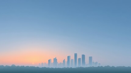 Fototapeta premium Urban Skyline at Sunrise with Soft Fog and Calm Blue Sky