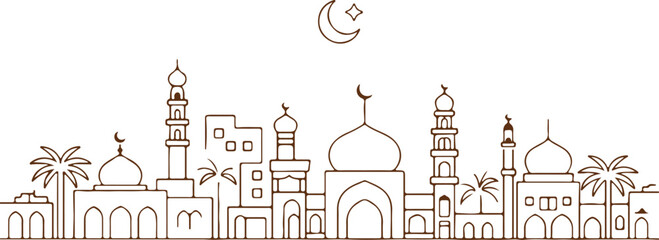Islamic city skyline with crescent moon and star mosque minaret