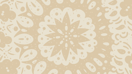 Floral kaleidoscope pattern with star and petal shapes in light beige and cream tones creates a vintage look