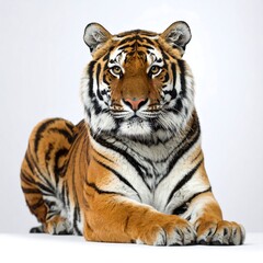 Fototapeta premium Majestic tiger, orange and black stripes, lying down against a white background