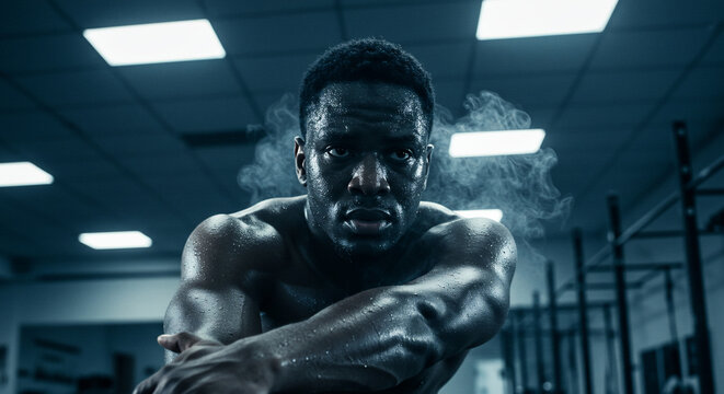 A muscular African American man, drenched in sweat, rests with arms crossed after a workout in a gym, steam rising from his body.