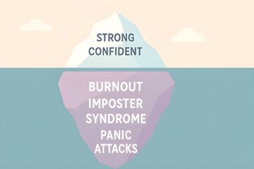 Visual metaphor of hidden mental struggles beneath a calm surface. Above shows calm words, while below reveals deeper issues. Mental health awareness concept.