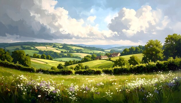 Rural landscape, rolling hills, wildflowers