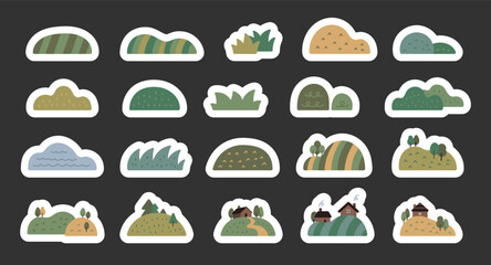 Landscape set in scandinavian style with hill, field, bushy, grass, forest trees, countryside houses, paths and rural natural decor and for your creative designs projects