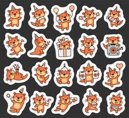 Fototapeta premium Otter party kawaii character set with festive hats, holding balloons, drinks and candles cakes for fun cute illustration and birthday decoration design projects