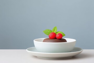 Chocolate dessert with berries and mint leaves on plate