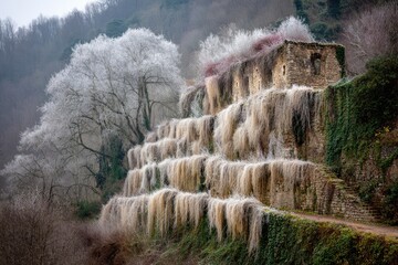 Frozen terraced ruins, frosted trees