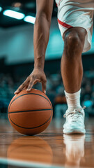 Naklejka premium Intense basketball player dribbles ball on polished court during game. Basketball player in action