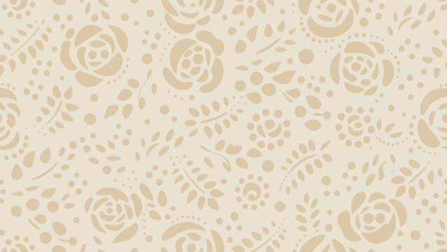 Floral pattern with roses leaves and dots in a light beige color scheme creating a seamless repeat design