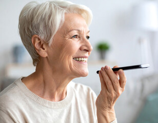 An elderly woman smiles while talking on a smartphone, indoors, looking happy.