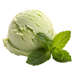 A delicious scoop of creamy green tea (matcha) ice cream, rich in color and texture, sits perfectly shaped with delicate ridges, isolated on a pristine white background