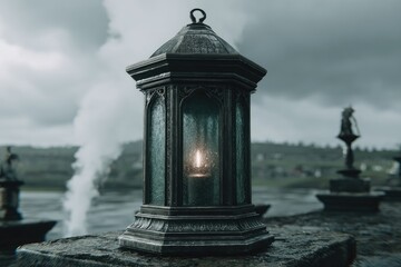 Dark lantern, lit candle,  exterior setting