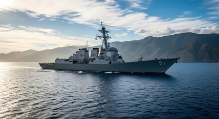 Naklejka premium Military vessel sailing near mountainous coastline, showcasing defense technology, maritime strategy, and naval power.