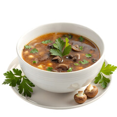 A delicious bowl of hot and savory mushroom soup garnished with fresh basil leaves