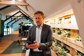 Businessman using smartphone in modern office with green wall