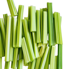 Fototapeta premium A pile of fresh green celery stalks cut into pieces isolated on transparent background
