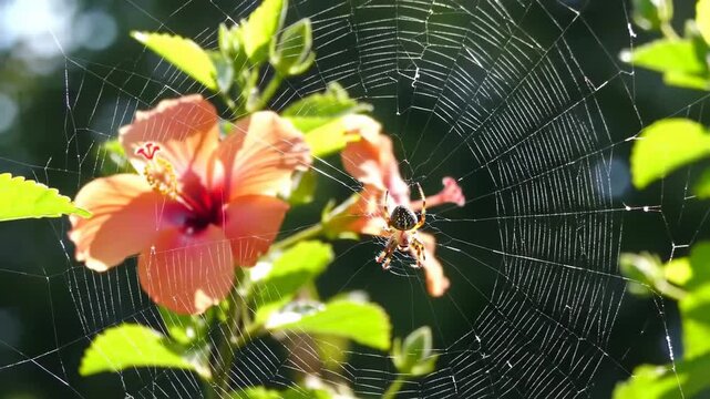 Spider on delicate spider web with vibrant orange hibiscus flowers