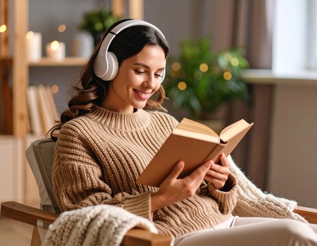 A calm young adult wearing noise-canceling headphones, deeply focused on reading a book in a quiet, peaceful indoor setting.

