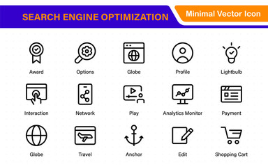 SEO – Search Engine Optimization. Thin‑line icon set for web, digital marketing, ranking, analytics, and website growth. Simple vector symbols for strategy and development.
