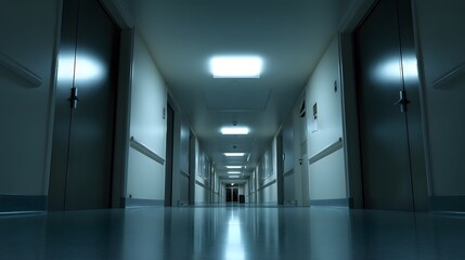 A long hospital hallway with glowing ceiling lights, creating depth and a cool-toned atmospheric effect.