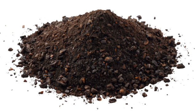 Pile of Dark Brown Soil or Dirt Isolated on Black Background, Ideal for Gardening Concepts and