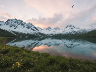 Fototapeta premium A serene lake reflecting snow capped mountains under a pastel sky with a bird flying above
