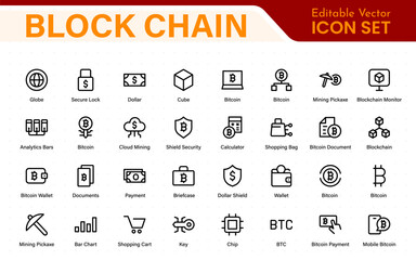 Block chain web icon set. information icon, analytics, cloud computing, block chain, block, Distribution, Ledger, Transaction icon Blockchain icon minimal design. Block connect data.