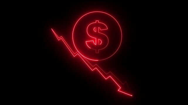 Glowing down arrow with dollar sign. Neon dollar Business Graph Chart Icon Animation. down arrow stocks graph animation with neon line. market crash, ideal for business analytics and finance.