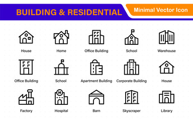 Building and residential icon set. Containing house, office, bank, school, hotel, shop, university and hospital icons. Solid icon collection.