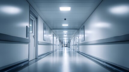 A long hospital hallway with glowing ceiling lights, creating depth and a cool-toned atmospheric effect.